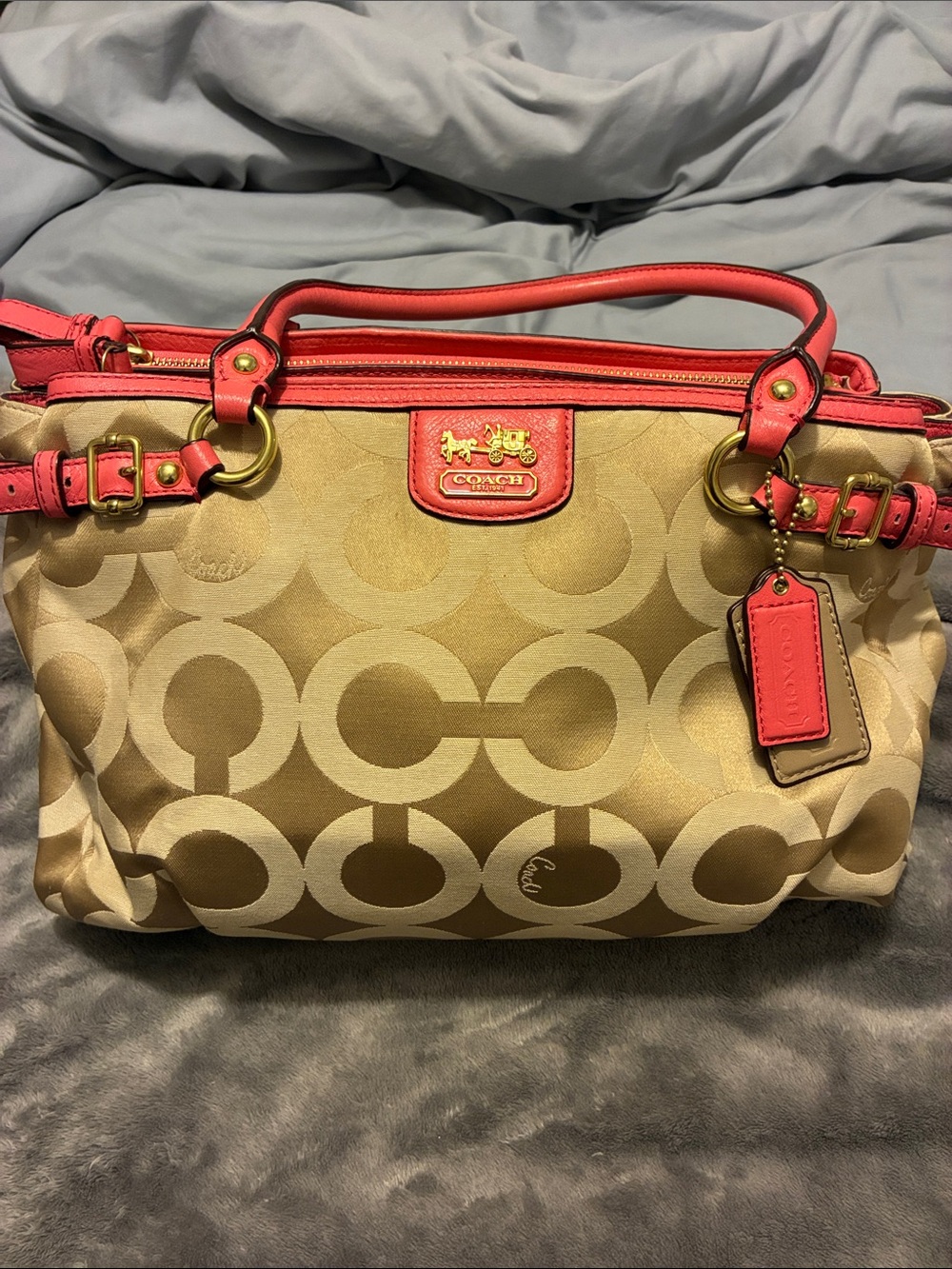 Coach Beige Signature Canvas Shoulder Bag with Coral Trim